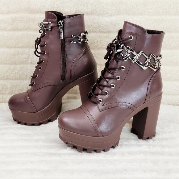 Flex Chunky Block Heel Light Weight Ankle Boots Square Chain Link Mocha Brown - Picture 1 of 10